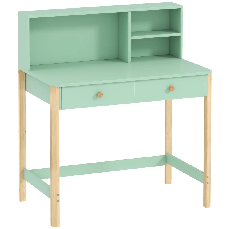 AIYAPLAY Bureau enfant en bois, bureau avec rangement, 2 tiroirs et 3 compartiments ouverts, plateau large, 90x52x105cm, vert