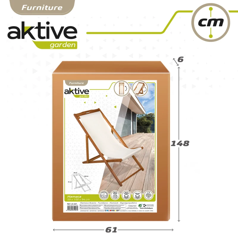 Tumbona Plegable de Madera de Acacia, 59x106x94 Cm, Beige