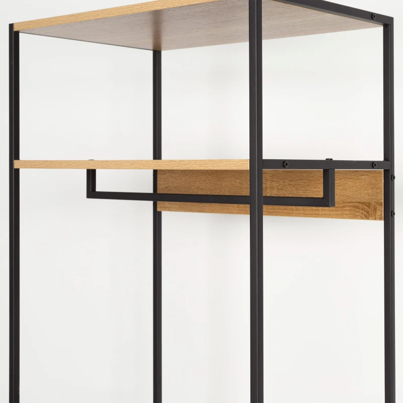 Armario Abierto con Barra Superior y 4 Estantes, 60x40x175 Cm, Negro y Madera