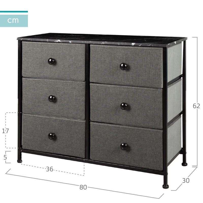 Cómoda 6 Cajones Efecto Mármol con Estructura de Acero, 80x30x62 Cm, Negro