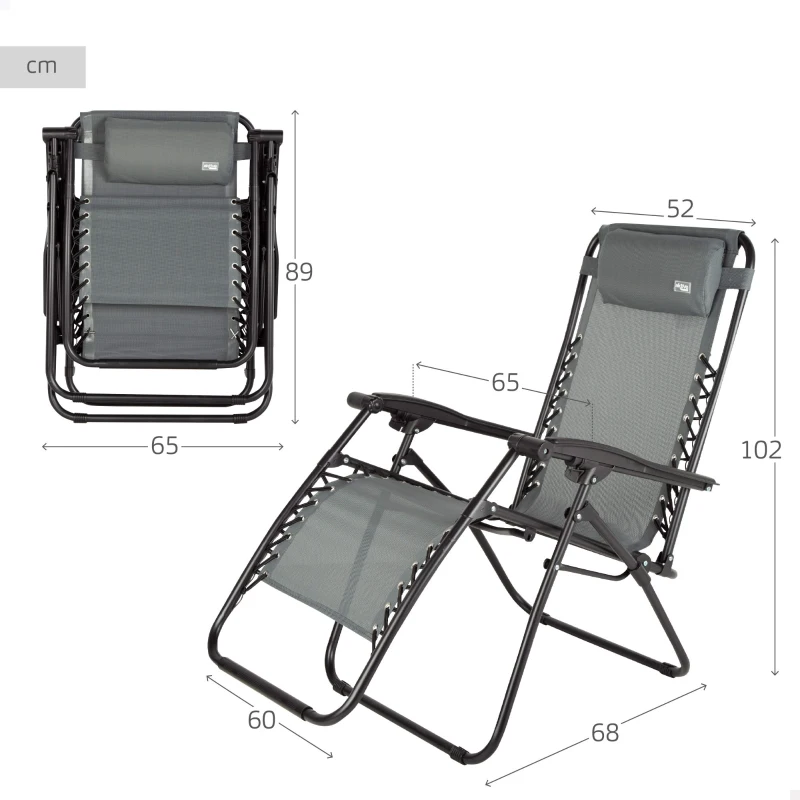 Silla Plegable Jardín Gravedad Cero 2 Posiciones, 86,5x13,5x67,0 Cm, Gris