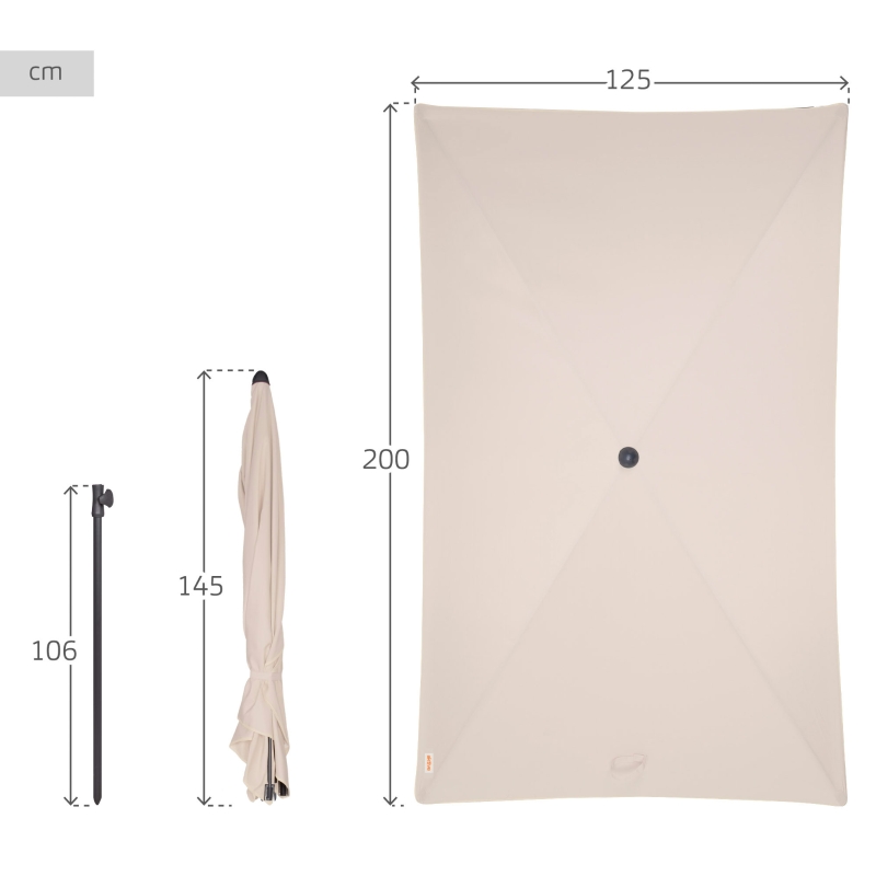Parasol de Jardín Rectangular Reclinable con Mástil Ajustable y Protección UV30, 200x125 Cm, Crema