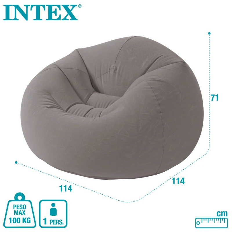 Sillón Hinchable Intex Acolchado Aterciopelado, 114x114x71 Cm, Gris