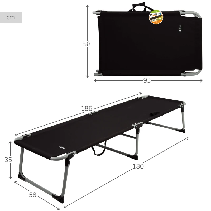 Cama Plegable Camping con Topes Antivuelco, 186x58x35 Cm, Negro