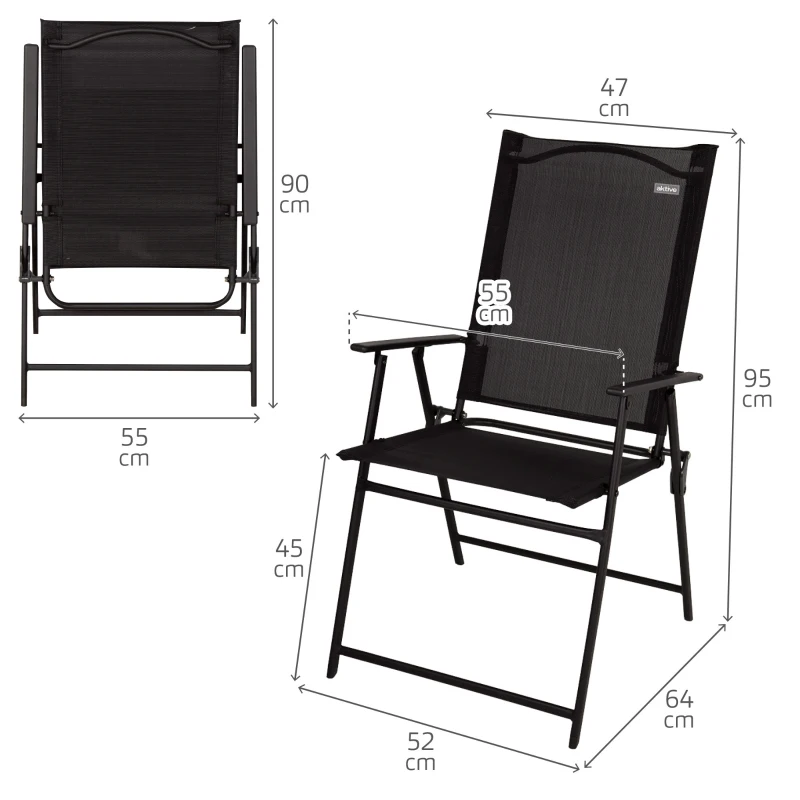 Pack 2 Sillas Plegables Estrechas con Reposabrazos, 47x64x95 Cm, Negro