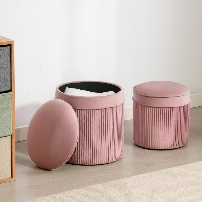 HOMCOM Set 2 Pouf Poggiapiedi Rotondi Impilabili e Imbottiti con Rivestimento in Velluto, Contenitore da 34.8L, Rosa