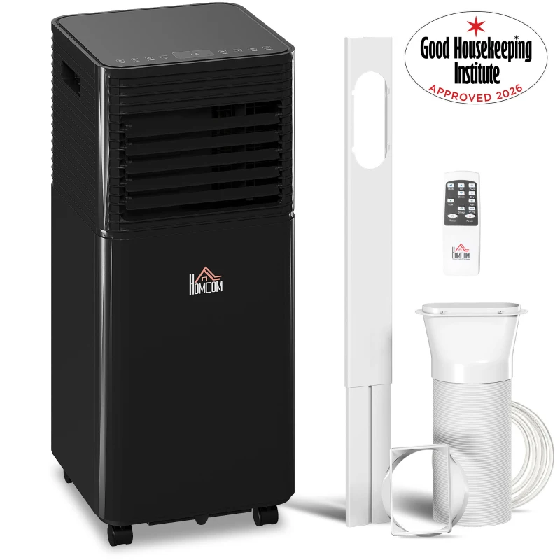 HOMCOM 5000 BTU 4-In-1 Portable Air Conditioner Cooling Dehumidifying Fan for Room up to 18m², with Remote, LED Display, 24H Timer, Wheels, Window Mount Kit, Black