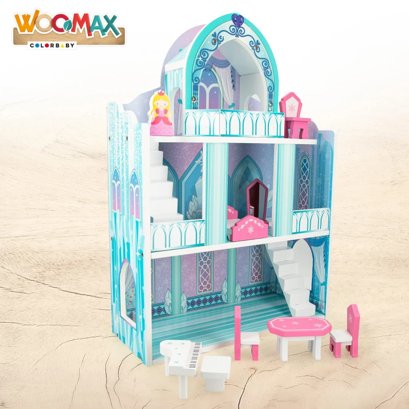 Castillo de Princesas de Madera 3 Plantas WOOMAX, 37x15x53,5 Cm, Rosa y Azul
