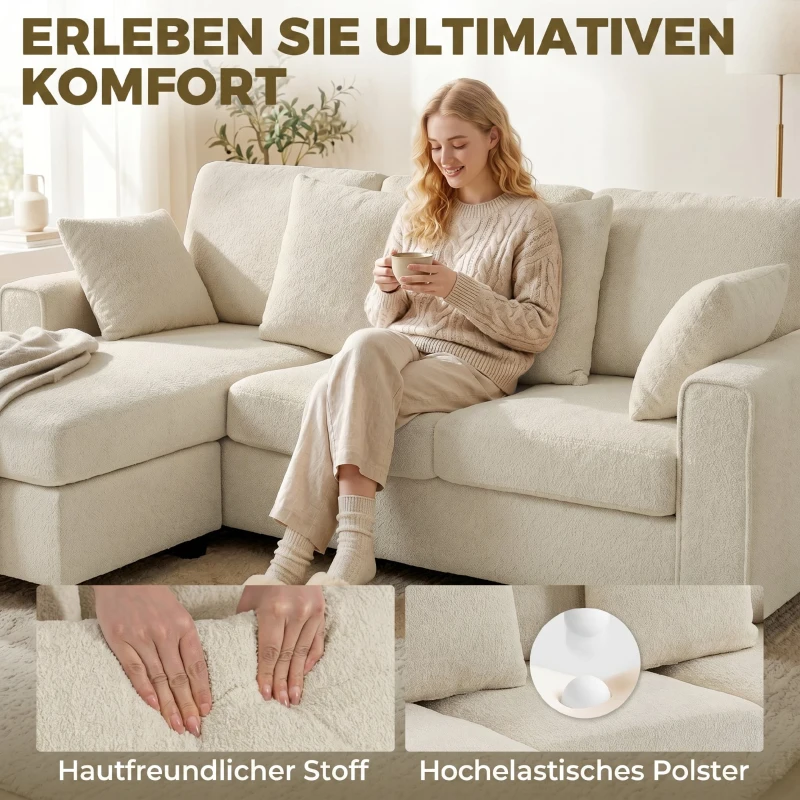 HOMCOM Ecksofa mit umkehrbarer Chaiselongue, 3-Sitzer Sofa mit Samtoptik, breite und tiefe Sitzfläche, Federkissen, Beige