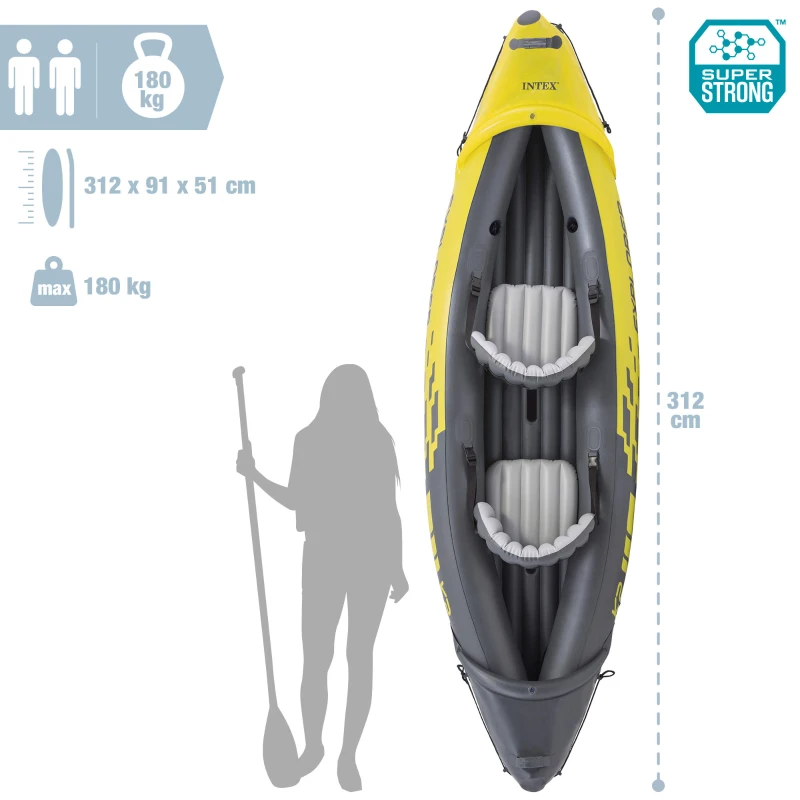 Kayak Hinchable Explorer K2 con 2 Remos, 312x91x51 Cm, Amarillo y Gris