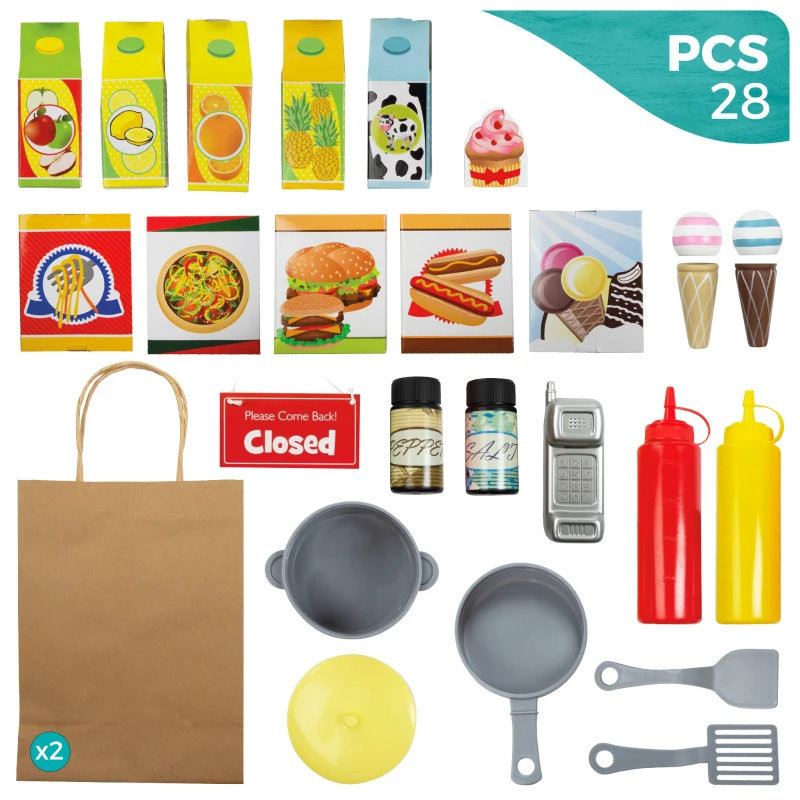 Cocinita Heladería de Madera 2 en 1 con 25 Accesorios, 59,7x39,4x108,6 Cm, Madera Natural