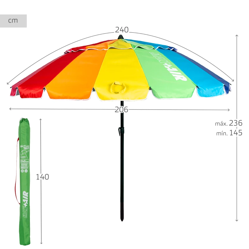 Sombrilla de Playa Antiviento 16 Varillas, 206x145x236 Cm, Multicolor