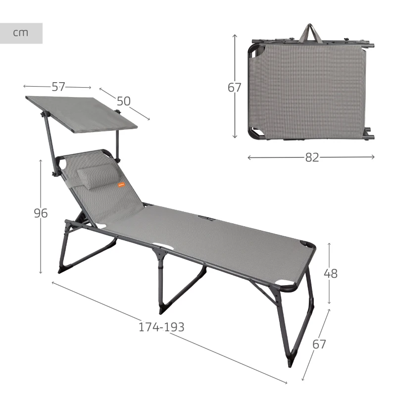 Tumbona Plegable Multiposición XL con Parasol y Cojín, 193x67x48 Cm, Gris