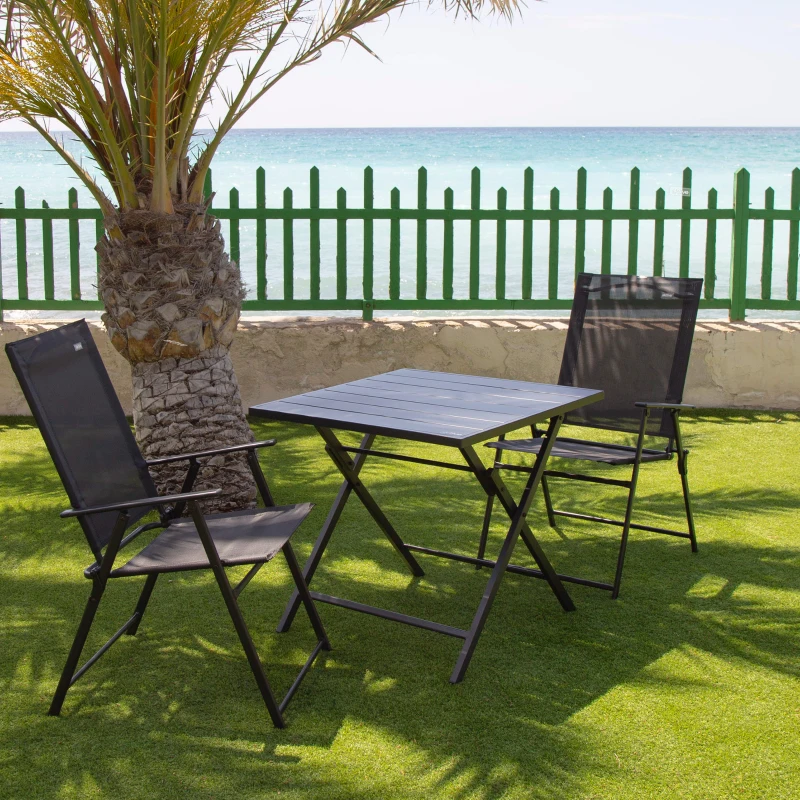Conjunto Plegable de Jardín 3 Piezas con Mesa Cuadrada 75x75x70 Cm / 2 Sillas 47x64x95 Cm, Negro