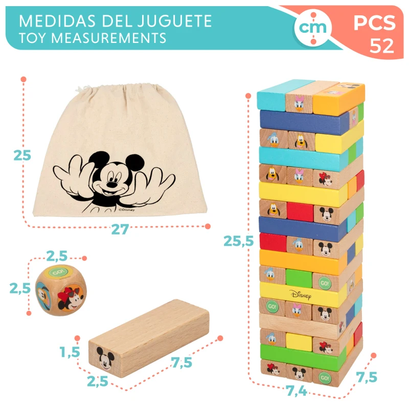 Bloques Apilables de Madera Disney, 52 Piezas, 11x8x26 Cm, Multicolor