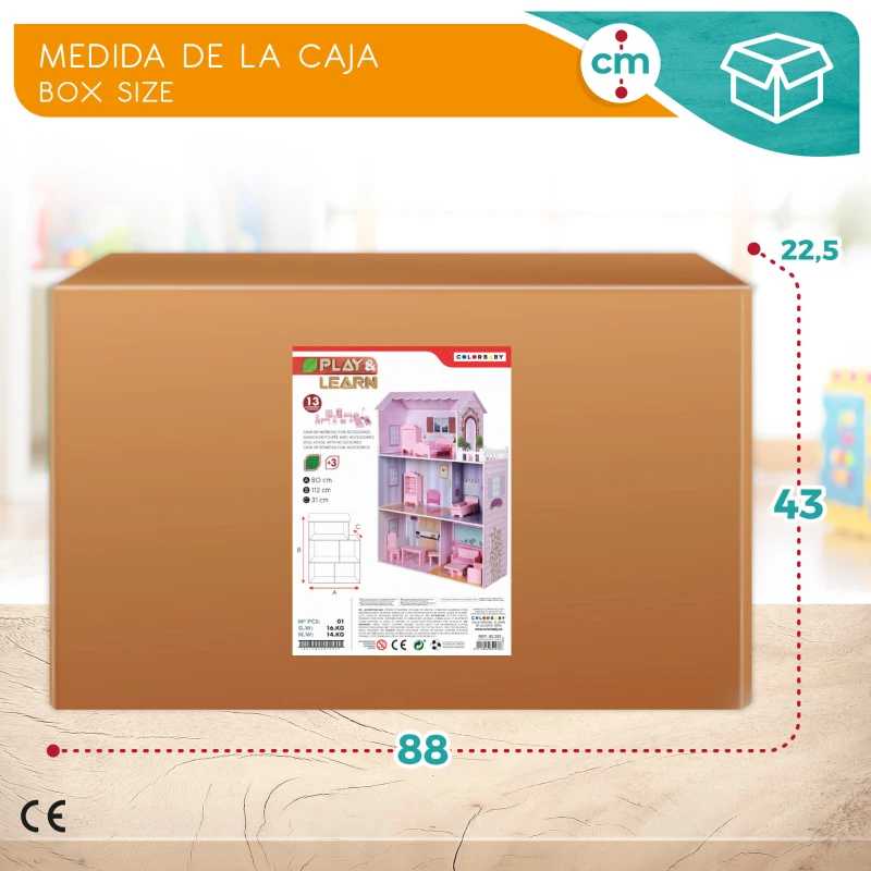 Casa de Muñecas de Madera WOOMAX 3 Plantas, 5 Estancias, 80x31x112 Cm, Rosa