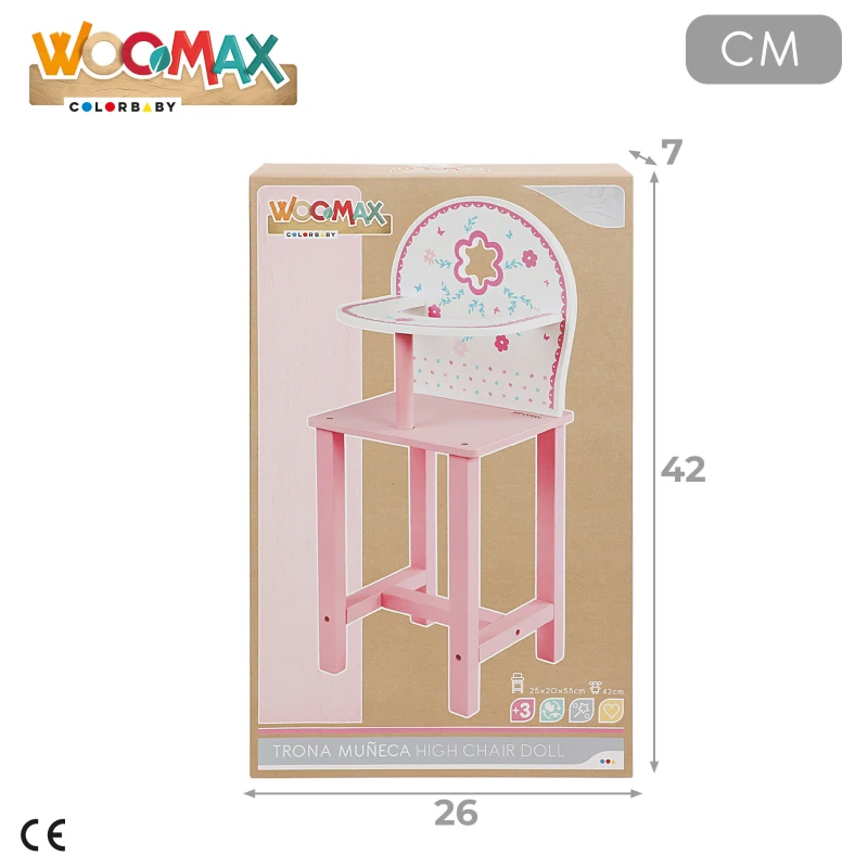 Trona para Muñecas 30-40 Cm de Madera Natural, 26x7x42 Cm, Blanco y Rosa