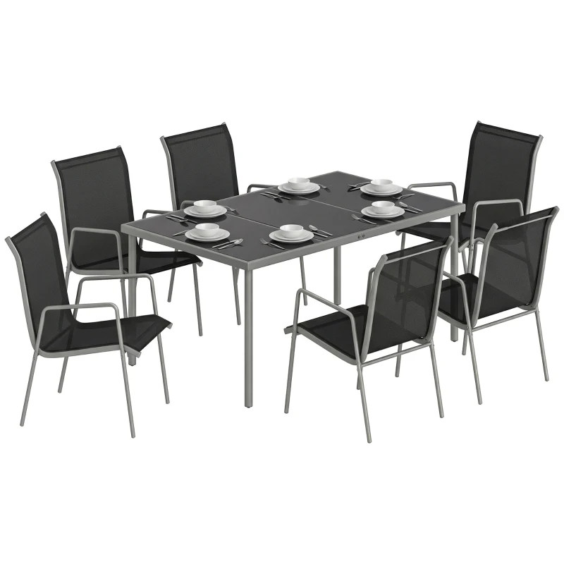 Set mobilier de grădină Outsunny, 7 piese, cu 6 scaune stivuibile din Textilenă și masă cu blat din sticlă, Negru și Argintiu