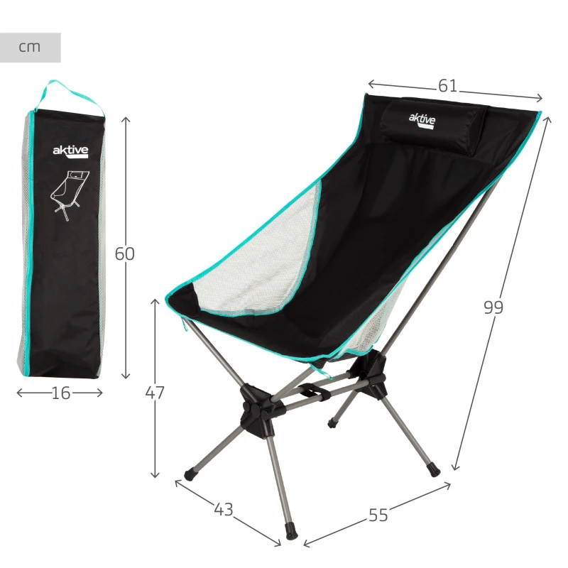 Silla Plegable Camping Ultracompacta con Cojín, 16x14x60 Cm, Negro
