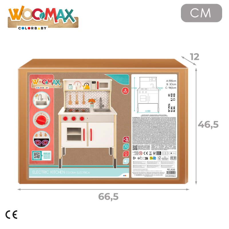 Cocina Infantil de Madera Woomax Eléctrica, 59,5x30x94,5 Cm, Madera Natural