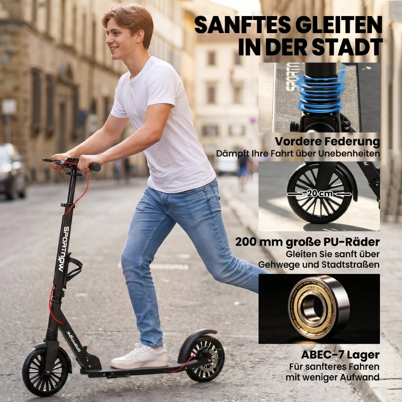 SPORTNOW Hulajnoga miejska aluminiowa regulowana wysokość & składana Scooter z 20 cm kołami PU ABEC-7 łożyska podwójny system hamulcowy