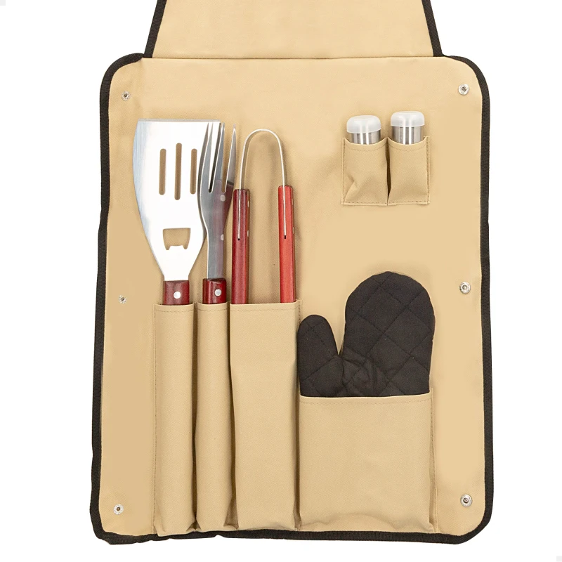 Set Utensilios Barbacoa Aktive con Delantal Plegable y 6 Accesorios, 42x67x41 Cm, Marrón