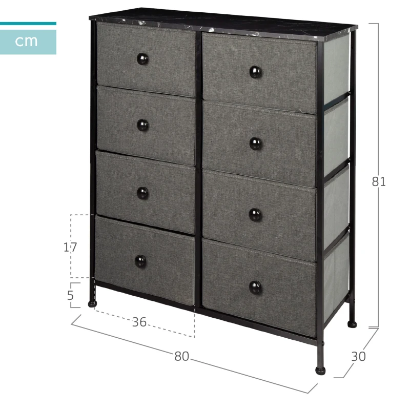 Cómoda 8 Cajones Efecto Mármol, 80x30x81 Cm, Negro