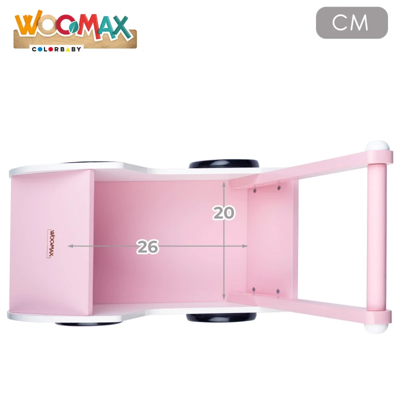 Carrito de Muñecas de Madera WOOMAX, Apto para Muñecas 30-40 Cm, 26x7x42 Cm, Blanco y Rosa
