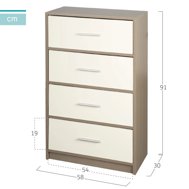 Cómoda Vertical 4 Cajones de Tela, 58x30x91 Cm, Blanco y Madera