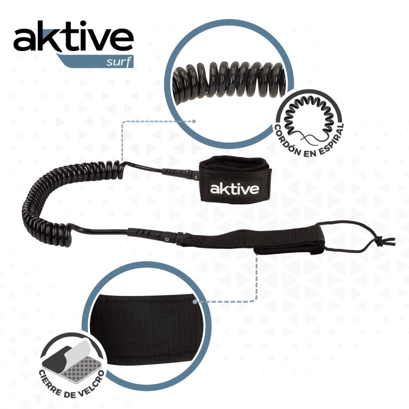 Leash Paddle Surf Espiral Aktive con Cierre Neopreno y Bolsillo, 305x6x84 Cm, Negro