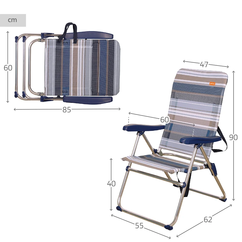 Silla Plegable de Playa Alta Reclinable 5 Posiciones, 47x62x90 Cm, Azul y Gris