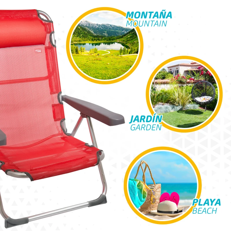 Silla Playera Plegable Multiposición con Cojín, 48x60x90 Cm, Rojo