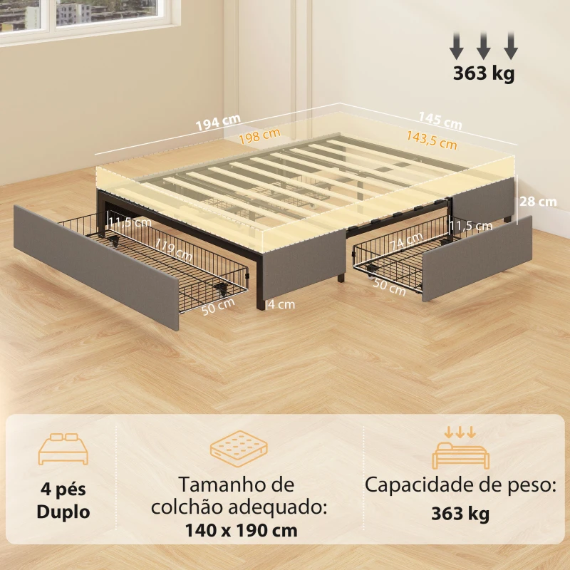 HOMCOM Cama de Casal 140x190 cm Estrado com 3 Gavetas e Estrutura Metálica Suporta 363 kg Cinzento