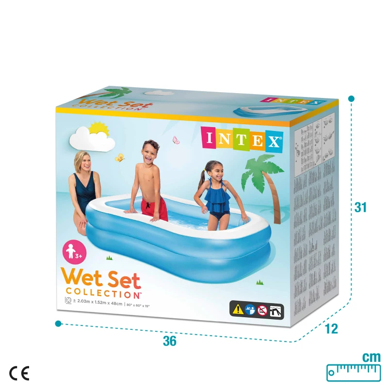 Piscina Hinchable Familiar Rectangular 2 Anillos Vinilo 0,30 Mm, 203x152x48 Cm, Azul