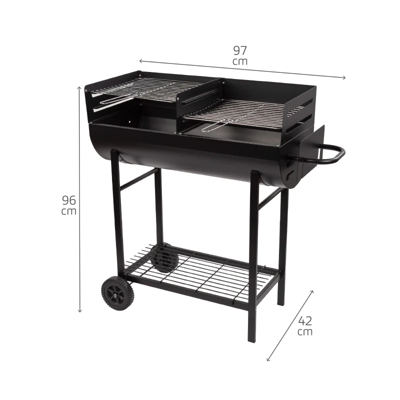 Barbacoa de Carbón Portátil Doble Parrilla Regulable, 97x42x96 Cm, Negro