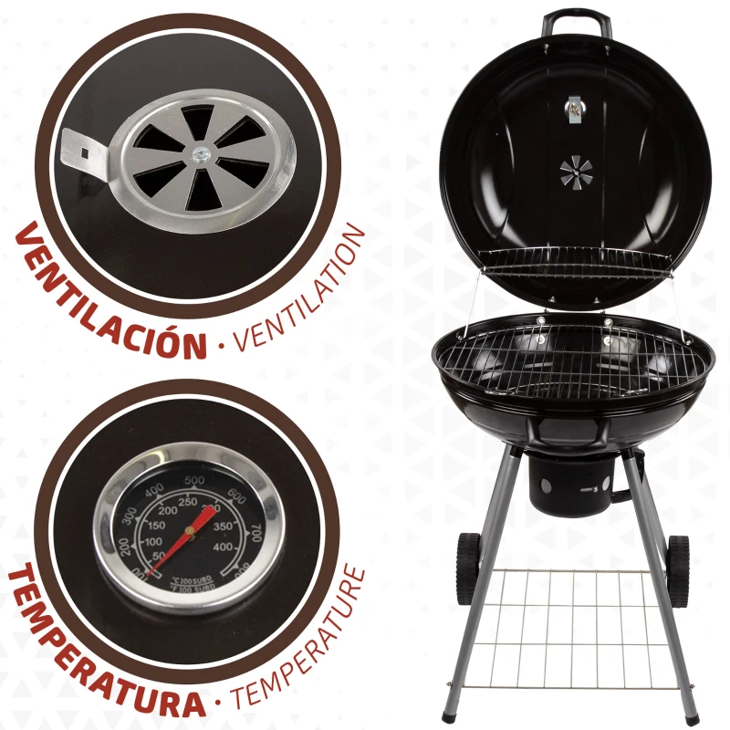 Barbacoa de Carbón Portátil con Tapa y Termómetro, 57x57x86 Cm, Negro