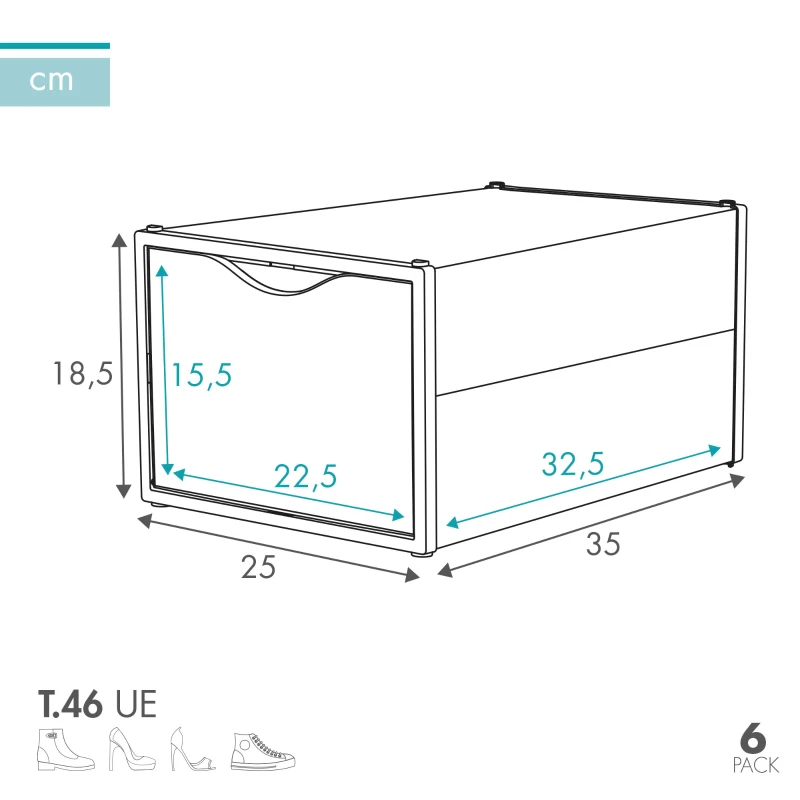 Pack 6 Cajas para Zapatos Apilables Antivuelco con Apertura Frontal, 25x35x18,5 Cm, Transparente