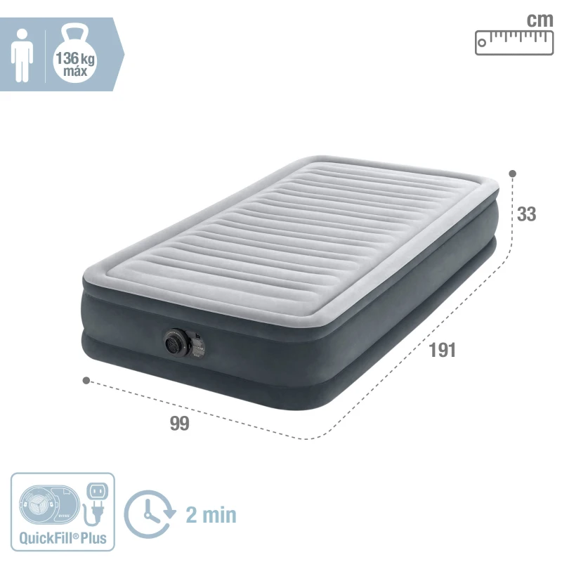 Colchón Hinchable Intex Dura-Beam Deluxe Comfort-Plush con Bomba Integrada, 99x191x33 Cm, Gris
