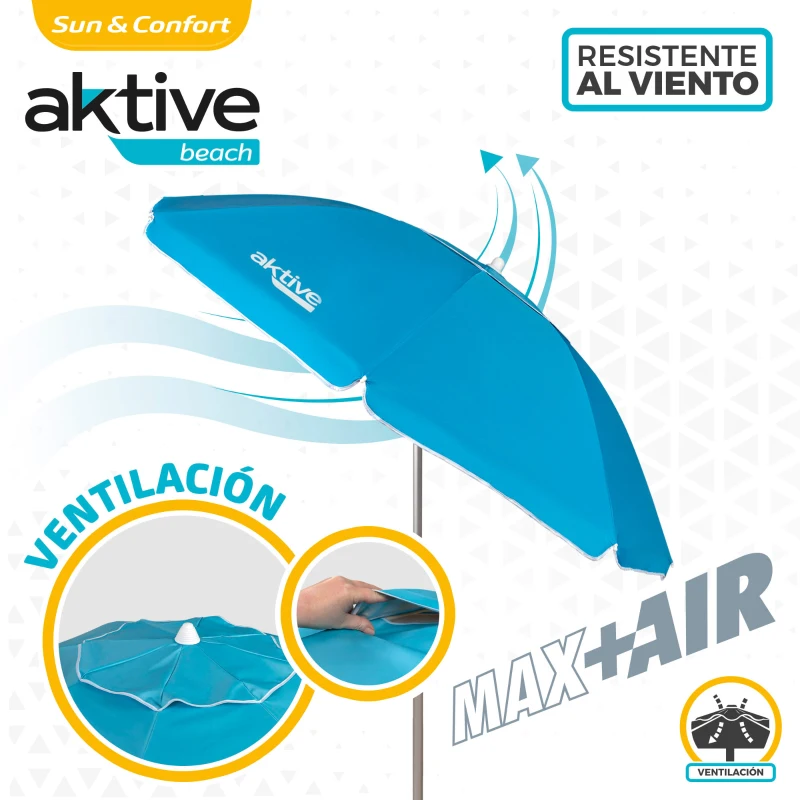 Sombrilla de Playa Aktive Antiviento 8 Varillas, 200 Cm, Azul