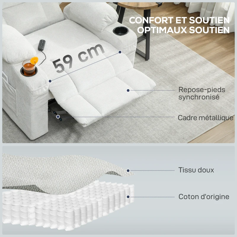 HOMCOM Fauteuil relax électrique, fauteuil inclinable, port USB, repose-pieds, porte-gobelets, 94 x 90 x 105 cm, crème