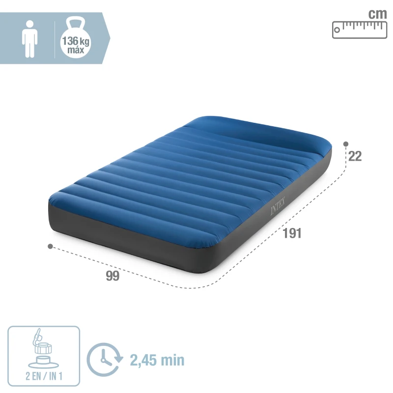 Colchón Hinchable 1 Plaza TruAire Fiber-Tech con Hinchador USB, 99x191x22 Cm, Gris