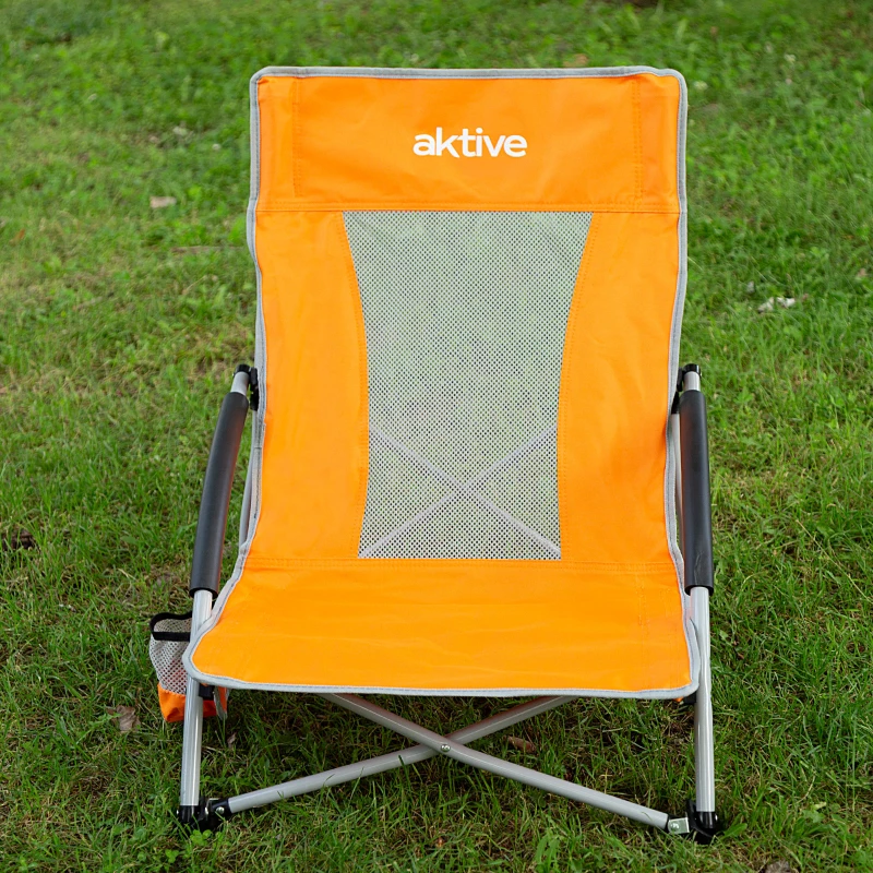 Silla de Playa Plegable Baja Transpirable con Posavasos y Funda, 16x16x76 Cm, Naranja