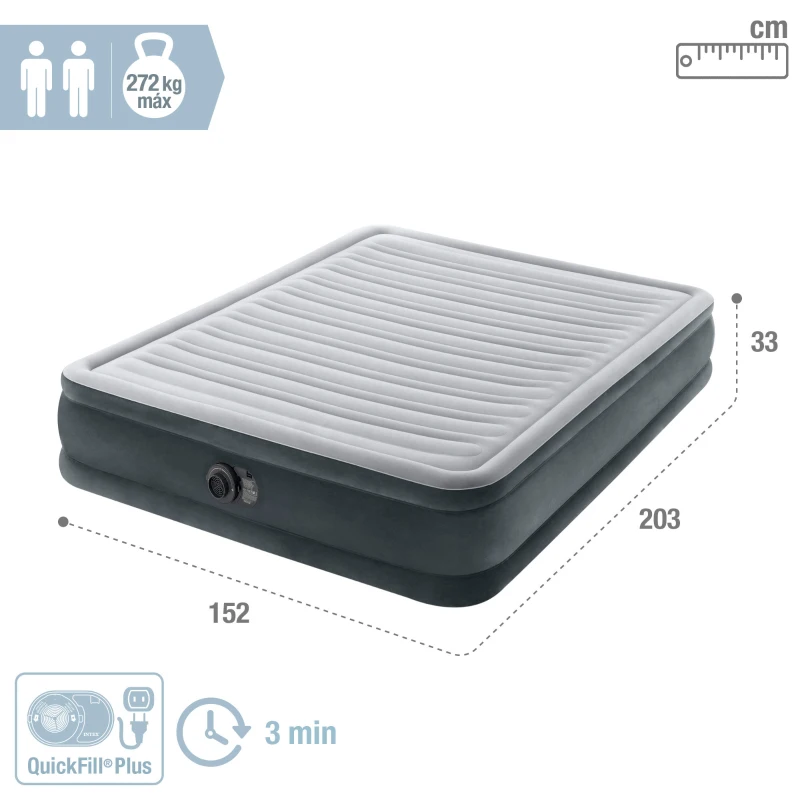 Cama Hinchable Doble Fiber-Tech con Bomba Integrada, 152x203x33 Cm, Gris