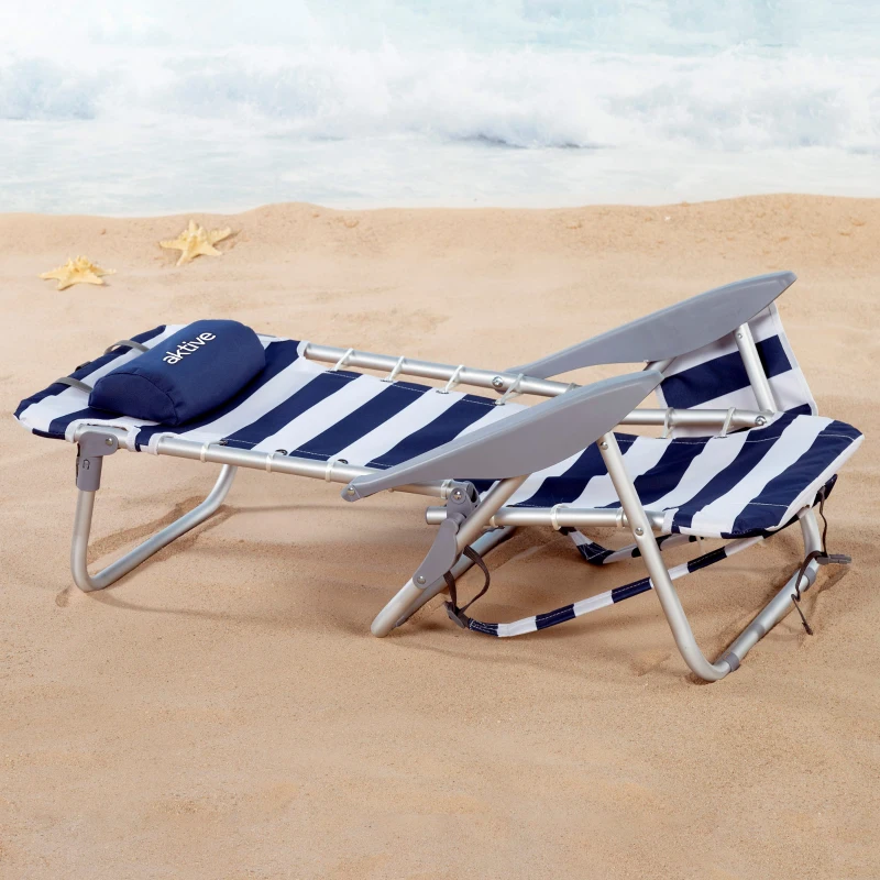 Silla de Playa Plegable Baja 4 Posiciones Cojín Bolsillo Mochila, 50x45x76 Cm, Azul Marino y Blanco