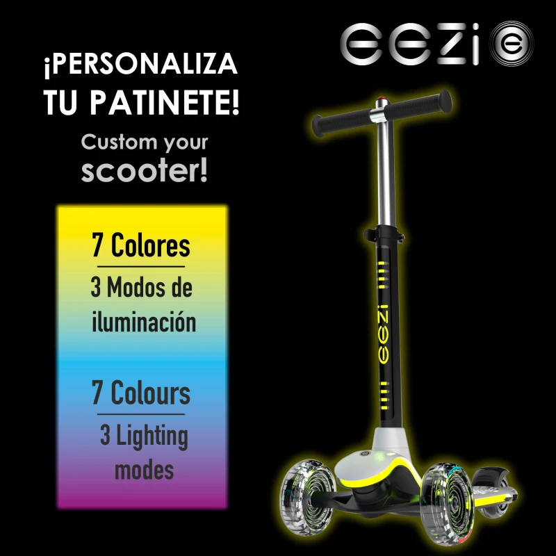 Patinete 3 Ruedas con Luces Personalizables, Manillar Regulable, 29x60,5x66,5-76,5 Cm, Blanco