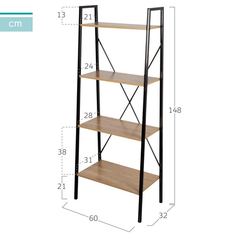 Estantería Escalera Industrial 4 Estantes, 60x32x148 Cm, Negro