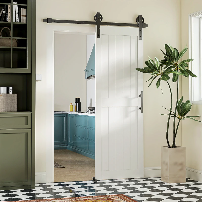 HOMCOM Porta Scorrevole in Stile Country con Binario e Maniglia in Legno e Acciaio, 71.5x213.4 cm, Bianco e Nero