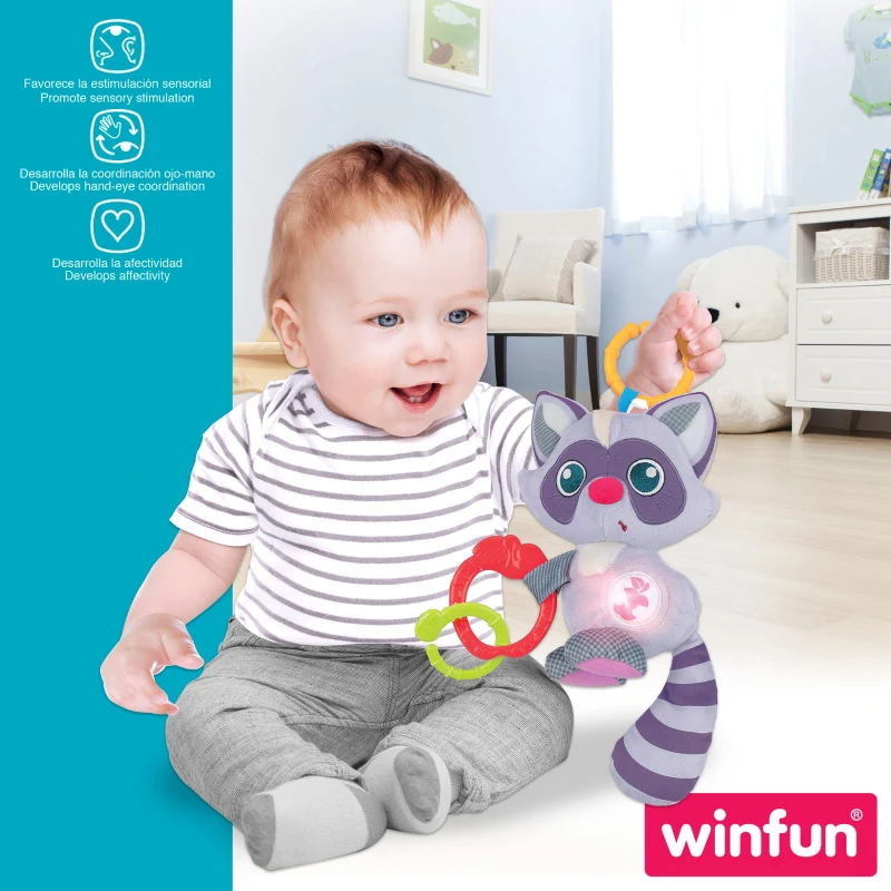 Peluche Sonajero Mapache Interactivo, 20x8,5x23 Cm, Gris