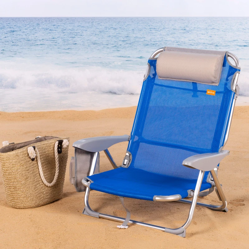 Silla de Playa Aktive Plegable Multiposición con Cojín y Posavasos, 51x45x76 Cm, Azul