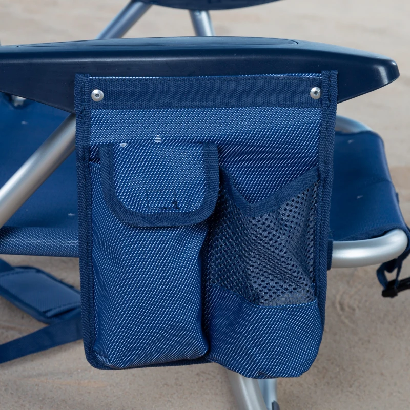 Silla de Playa Tumbona Baja Reclinable 4 Posiciones con Cojín y Bolsillo, 51x45x76 Cm, Azul Marino
